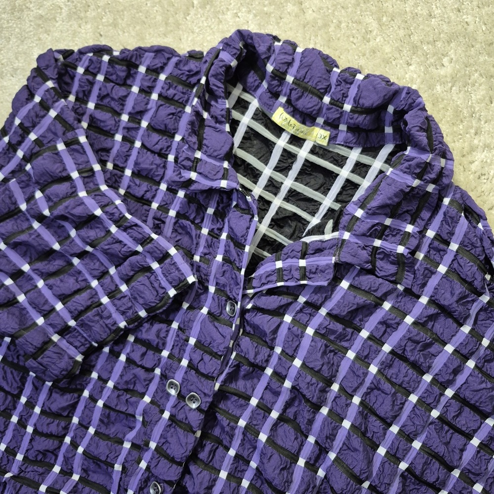 Chalet et Ceci Women Ivey Button Up Shirt Purple Plaid 3X Crinkle Puff Eccentric